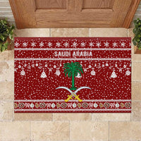 Saudi Arabia Christmas Rubber Doormat with Red Festive Pattern, National Emblem with Palm and Swords, and Map Motif - Wonder Print Shop