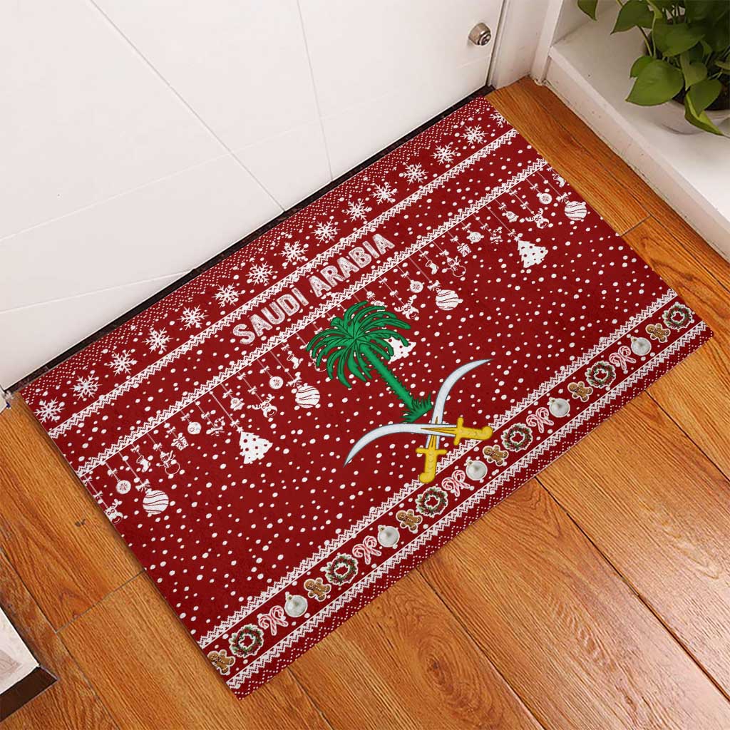 Saudi Arabia Christmas Rubber Doormat with Red Festive Pattern, National Emblem with Palm and Swords, and Map Motif - Wonder Print Shop