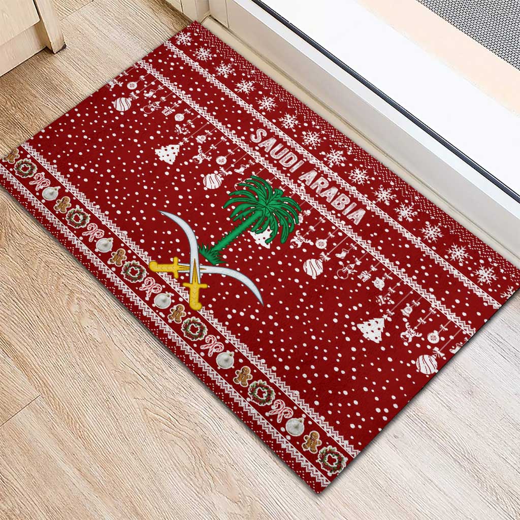 Saudi Arabia Christmas Rubber Doormat with Red Festive Pattern, National Emblem with Palm and Swords, and Map Motif - Wonder Print Shop
