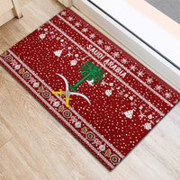 Saudi Arabia Christmas Rubber Doormat with Red Festive Pattern, National Emblem with Palm and Swords, and Map Motif - Wonder Print Shop