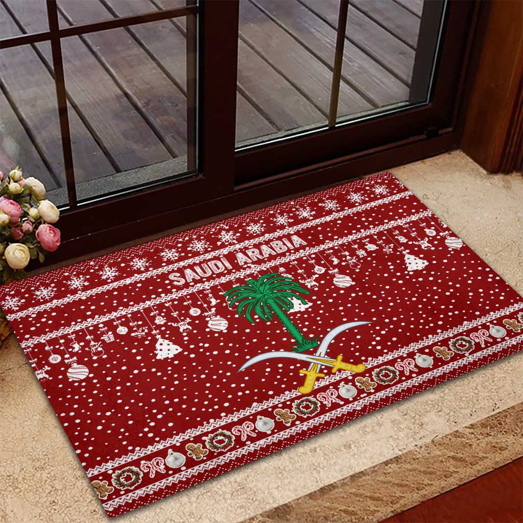 Saudi Arabia Christmas Rubber Doormat with Red Festive Pattern, National Emblem with Palm and Swords, and Map Motif - Wonder Print Shop