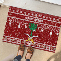 Saudi Arabia Christmas Rubber Doormat with Red Festive Pattern, National Emblem with Palm and Swords, and Map Motif - Wonder Print Shop