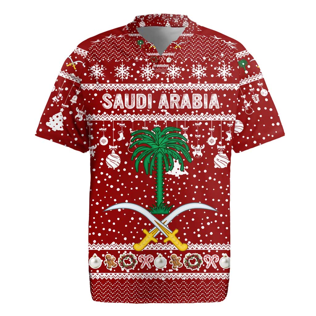 Saudi Arabia Christmas Rugby Jersey with Red Festive Pattern, National Emblem with Palm and Swords, and Map Motif - Wonder Print Shop