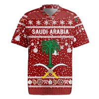 Saudi Arabia Christmas Rugby Jersey with Red Festive Pattern, National Emblem with Palm and Swords, and Map Motif - Wonder Print Shop