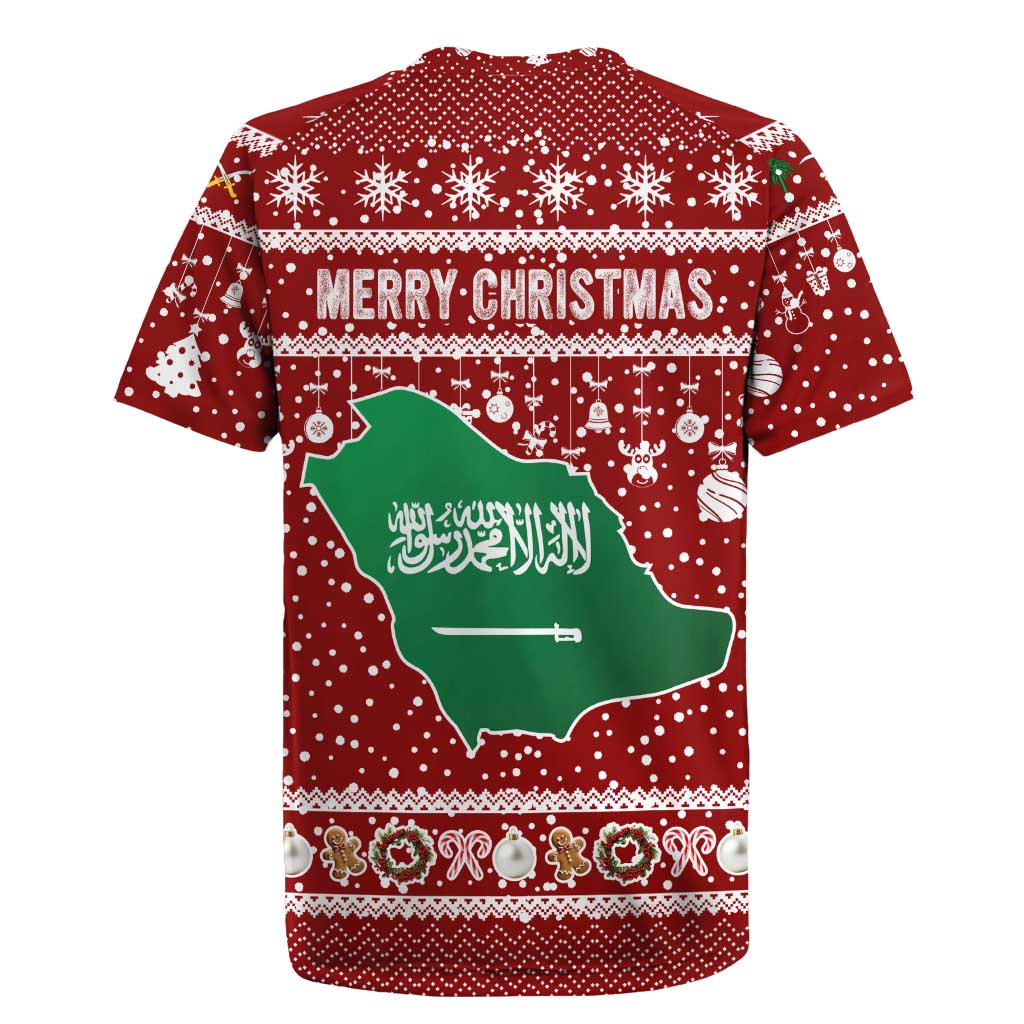 Saudi Arabia Christmas Rugby Jersey with Red Festive Pattern, National Emblem with Palm and Swords, and Map Motif - Wonder Print Shop