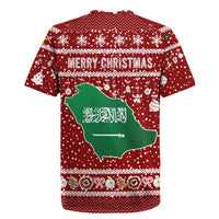 Saudi Arabia Christmas Rugby Jersey with Red Festive Pattern, National Emblem with Palm and Swords, and Map Motif - Wonder Print Shop