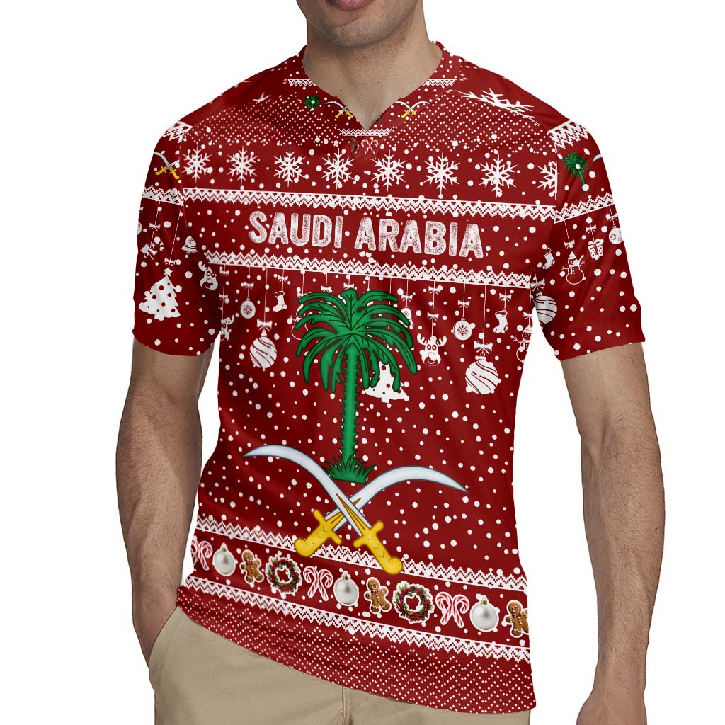 Saudi Arabia Christmas Rugby Jersey with Red Festive Pattern, National Emblem with Palm and Swords, and Map Motif - Wonder Print Shop