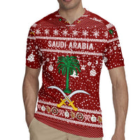 Saudi Arabia Christmas Rugby Jersey with Red Festive Pattern, National Emblem with Palm and Swords, and Map Motif - Wonder Print Shop