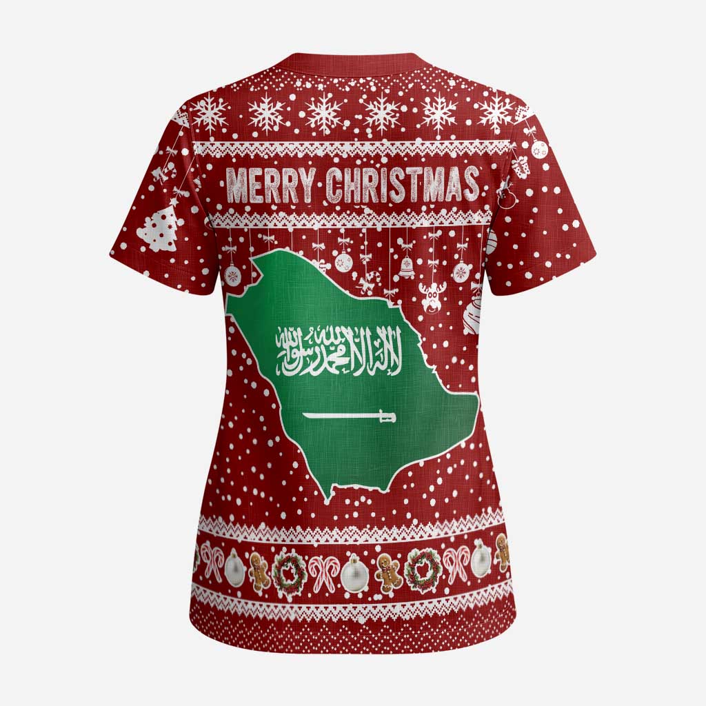 Saudi Arabia Christmas Scrub Top with Red Festive Pattern, National Emblem with Palm and Swords, and Map Motif - Wonder Print Shop