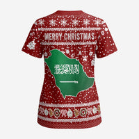 Saudi Arabia Christmas Scrub Top with Red Festive Pattern, National Emblem with Palm and Swords, and Map Motif - Wonder Print Shop