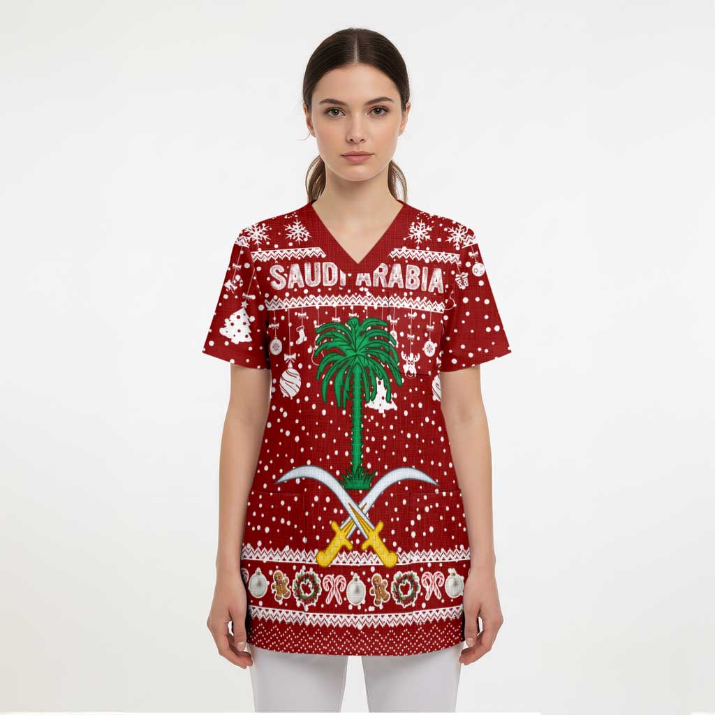 Saudi Arabia Christmas Scrub Top with Red Festive Pattern, National Emblem with Palm and Swords, and Map Motif - Wonder Print Shop