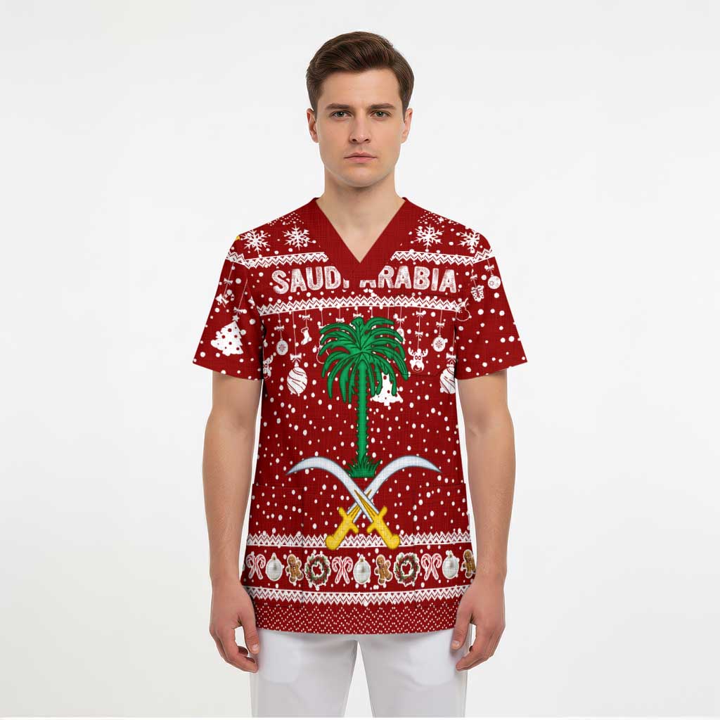 Saudi Arabia Christmas Scrub Top with Red Festive Pattern, National Emblem with Palm and Swords, and Map Motif - Wonder Print Shop