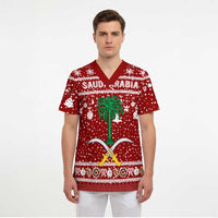 Saudi Arabia Christmas Scrub Top with Red Festive Pattern, National Emblem with Palm and Swords, and Map Motif - Wonder Print Shop