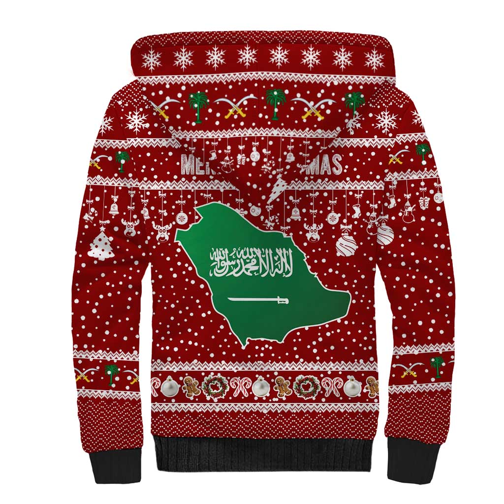 Saudi Arabia Christmas Sherpa Hoodie with Red Festive Pattern, National Emblem with Palm and Swords, and Map Motif - Wonder Print Shop