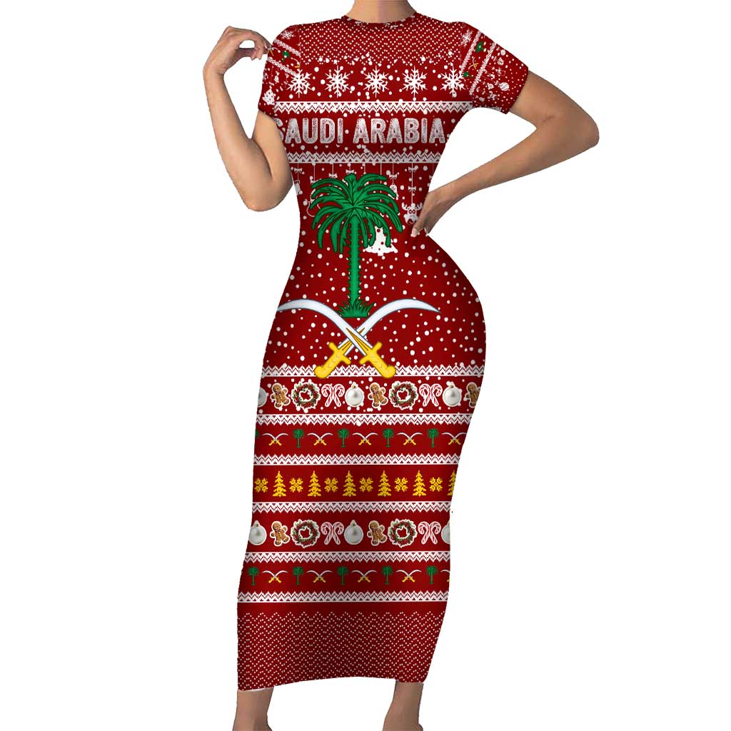 Saudi Arabia Christmas Short Sleeve Bodycon Dress with Red Festive Pattern, National Emblem with Palm and Swords, and Map Motif - Wonder Print Shop