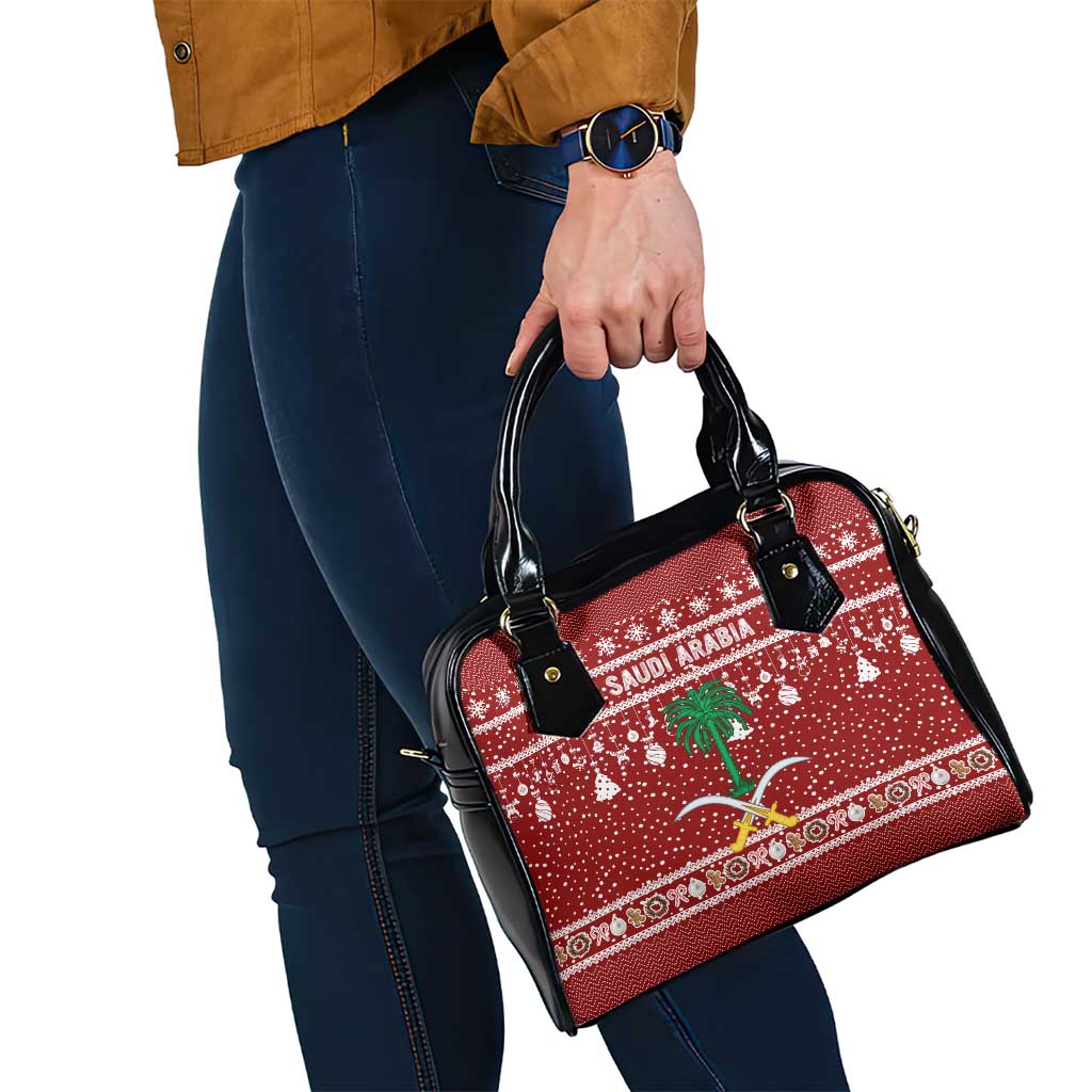 Saudi Arabia Christmas Shoulder Handbag with Red Festive Pattern, National Emblem with Palm and Swords, and Map Motif - Wonder Print Shop