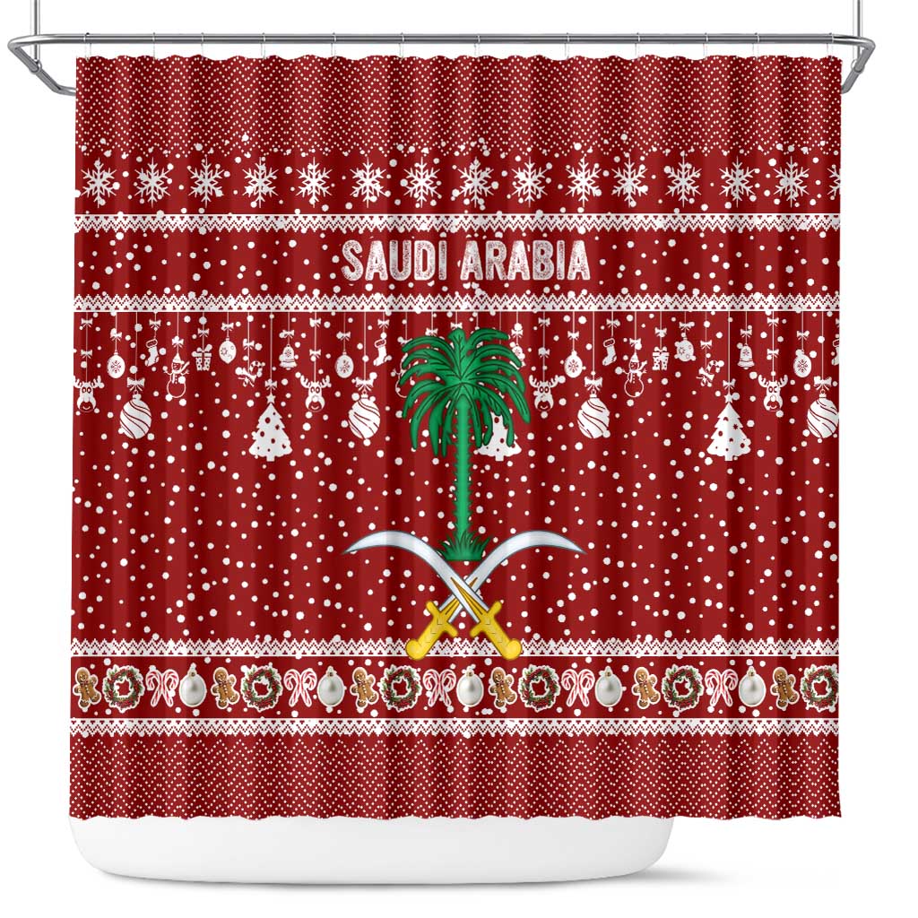 Saudi Arabia Christmas Shower Curtain with Red Festive Pattern, National Emblem with Palm and Swords, and Map Motif - Wonder Print Shop