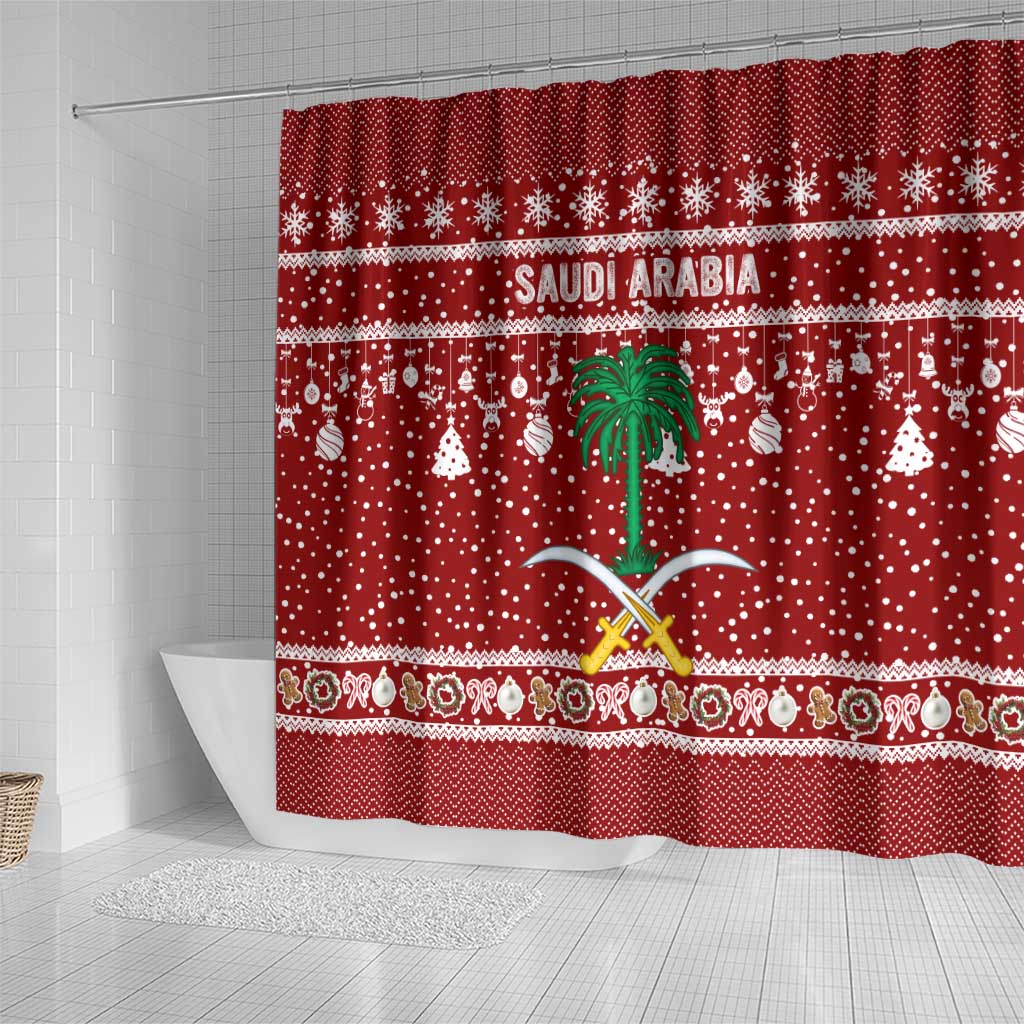 Saudi Arabia Christmas Shower Curtain with Red Festive Pattern, National Emblem with Palm and Swords, and Map Motif - Wonder Print Shop