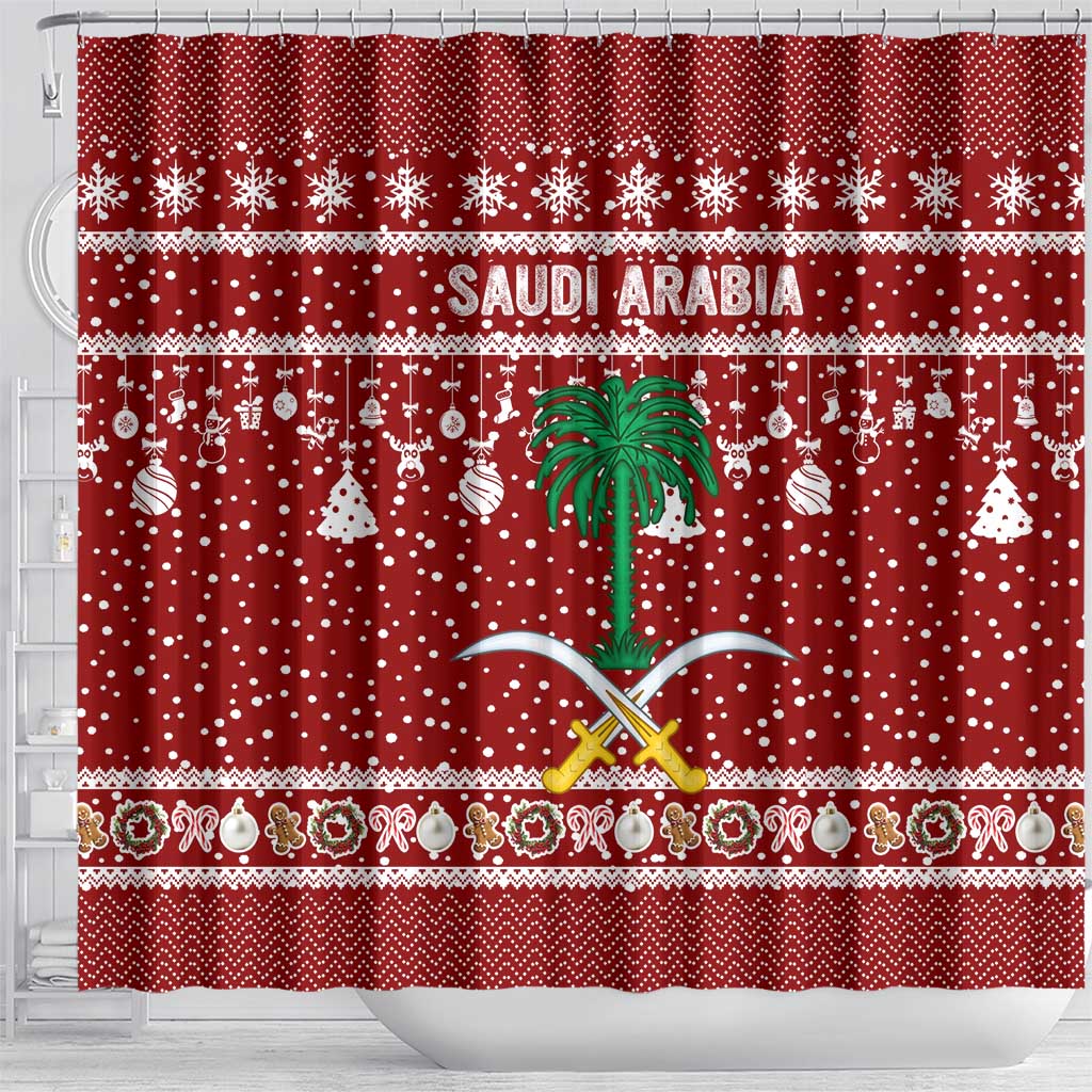 Saudi Arabia Christmas Shower Curtain with Red Festive Pattern, National Emblem with Palm and Swords, and Map Motif - Wonder Print Shop