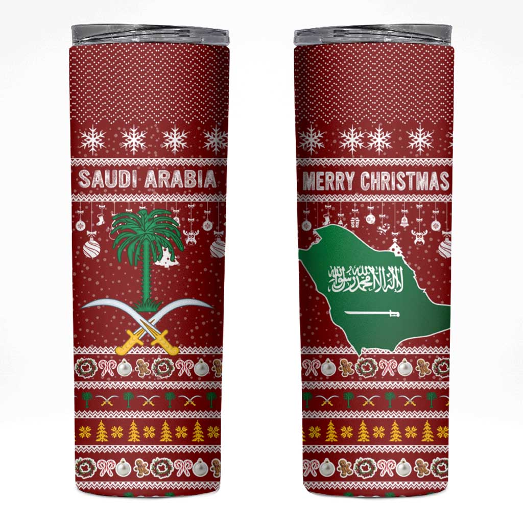 Saudi Arabia Christmas Skinny Tumbler with Red Festive Pattern, National Emblem with Palm and Swords, and Map Motif - Wonder Print Shop