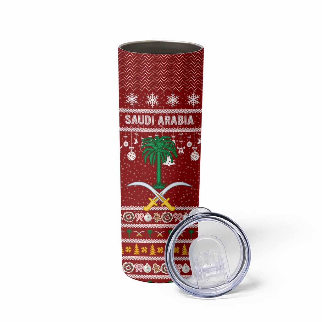 Saudi Arabia Christmas Skinny Tumbler with Red Festive Pattern, National Emblem with Palm and Swords, and Map Motif - Wonder Print Shop