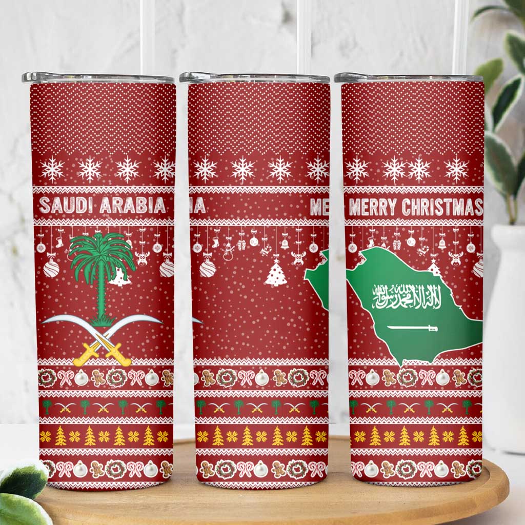 Saudi Arabia Christmas Skinny Tumbler with Red Festive Pattern, National Emblem with Palm and Swords, and Map Motif - Wonder Print Shop