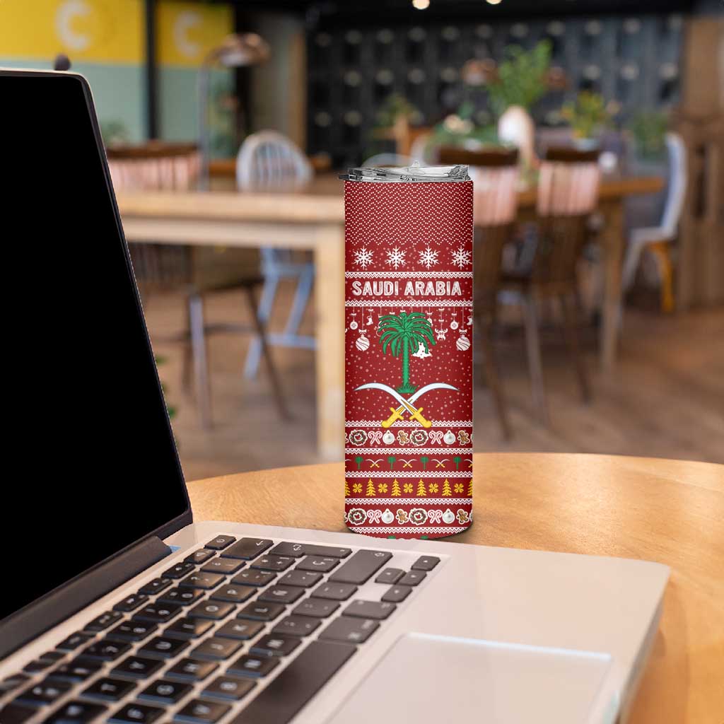 Saudi Arabia Christmas Skinny Tumbler with Red Festive Pattern, National Emblem with Palm and Swords, and Map Motif - Wonder Print Shop