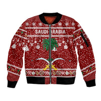 Saudi Arabia Christmas Sleeve Zip Bomber Jacket with Red Festive Pattern, National Emblem with Palm and Swords, and Map Motif - Wonder Print Shop