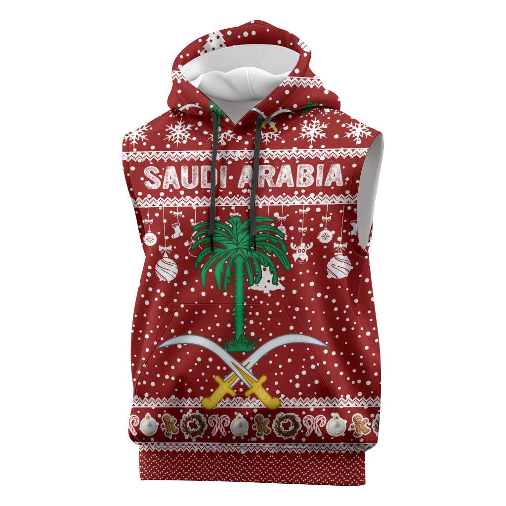 Saudi Arabia Christmas Sleeveless Hoodie with Red Festive Pattern, National Emblem with Palm and Swords, and Map Motif - Wonder Print Shop