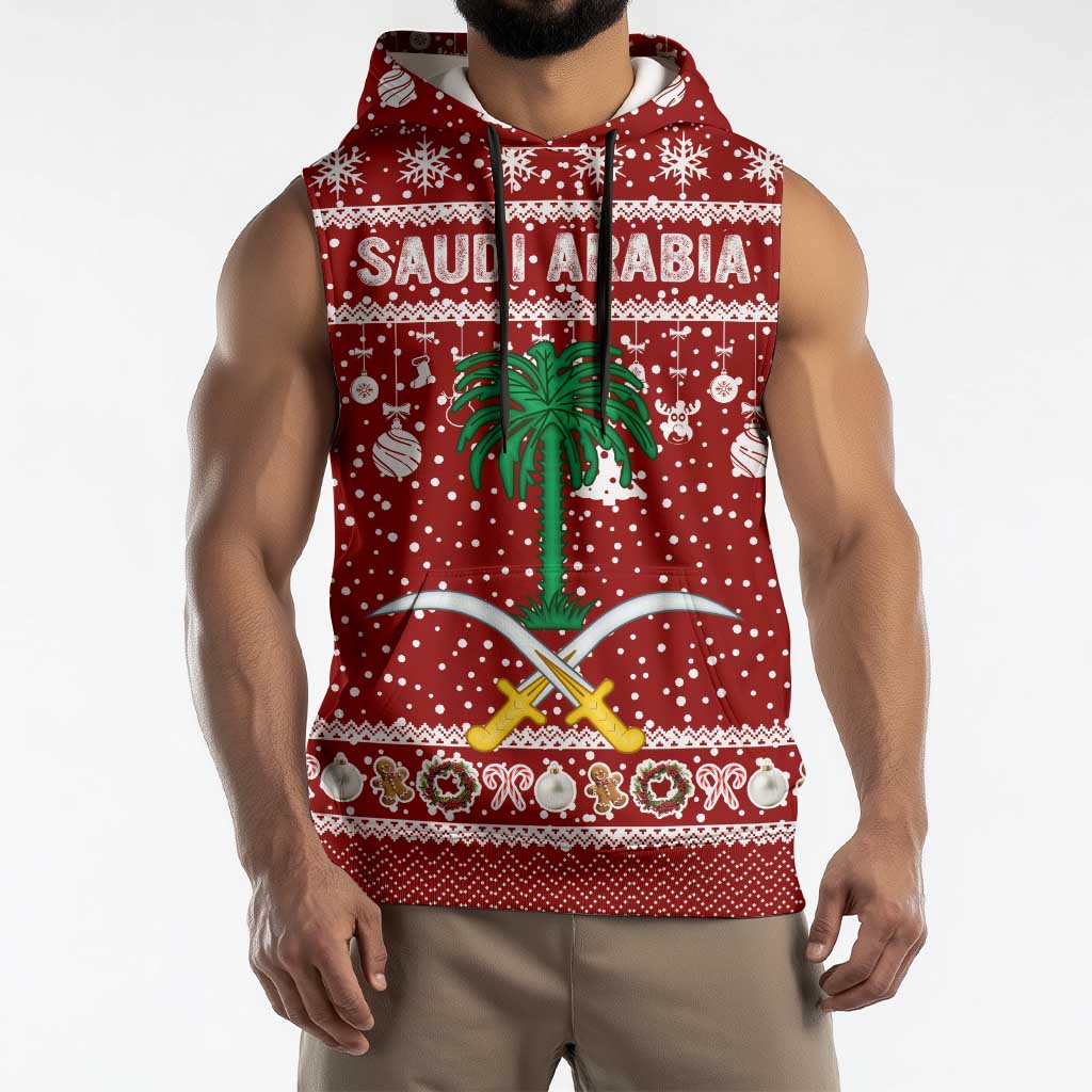 Saudi Arabia Christmas Sleeveless Hoodie with Red Festive Pattern, National Emblem with Palm and Swords, and Map Motif - Wonder Print Shop