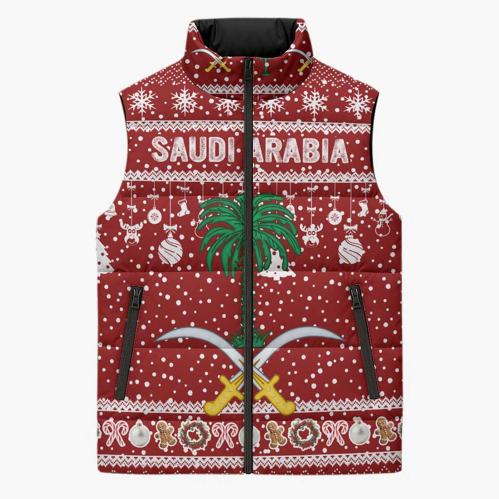 Saudi Arabia Christmas Sleeveless Puffer Jacket with Red Festive Pattern, National Emblem with Palm and Swords, and Map Motif - Wonder Print Shop