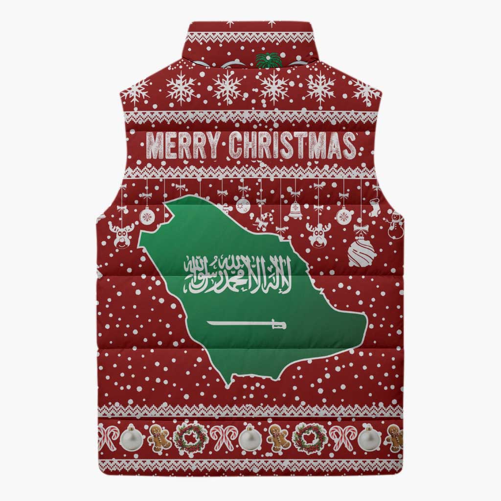 Saudi Arabia Christmas Sleeveless Puffer Jacket with Red Festive Pattern, National Emblem with Palm and Swords, and Map Motif - Wonder Print Shop