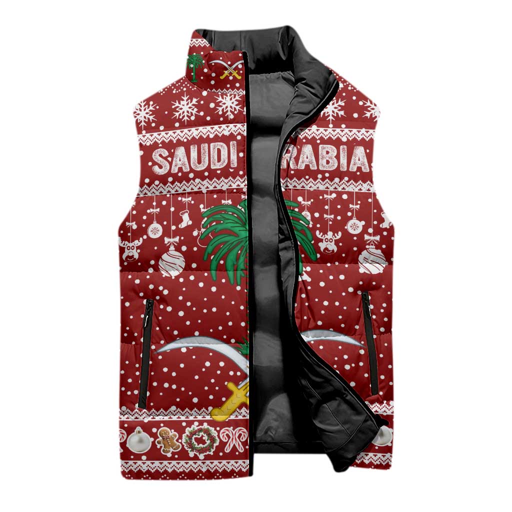 Saudi Arabia Christmas Sleeveless Puffer Jacket with Red Festive Pattern, National Emblem with Palm and Swords, and Map Motif - Wonder Print Shop