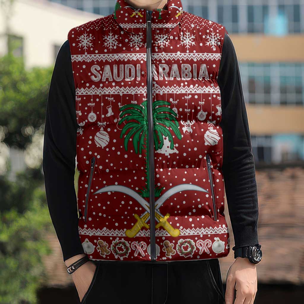 Saudi Arabia Christmas Sleeveless Puffer Jacket with Red Festive Pattern, National Emblem with Palm and Swords, and Map Motif - Wonder Print Shop
