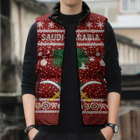 Saudi Arabia Christmas Sleeveless Puffer Jacket with Red Festive Pattern, National Emblem with Palm and Swords, and Map Motif - Wonder Print Shop