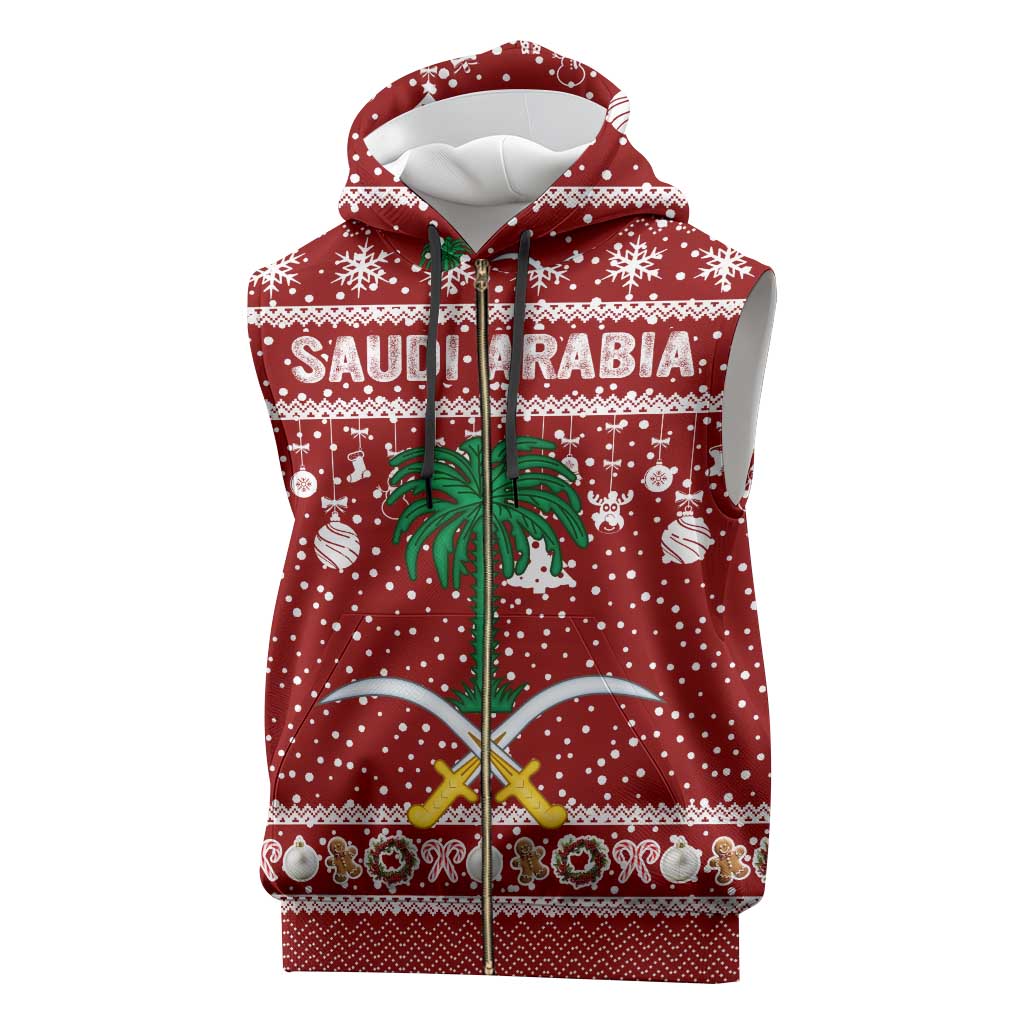 Saudi Arabia Christmas Sleeveless Zip Hoodie with Red Festive Pattern, National Emblem with Palm and Swords, and Map Motif - Wonder Print Shop