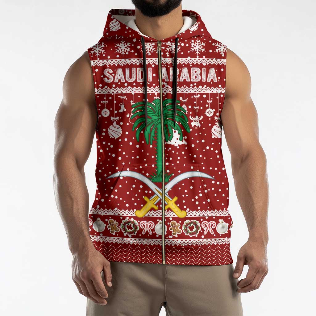 Saudi Arabia Christmas Sleeveless Zip Hoodie with Red Festive Pattern, National Emblem with Palm and Swords, and Map Motif - Wonder Print Shop