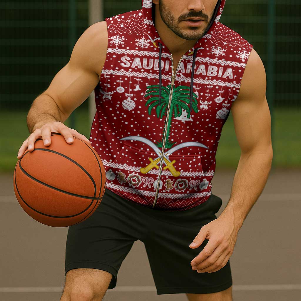 Saudi Arabia Christmas Sleeveless Zip Hoodie with Red Festive Pattern, National Emblem with Palm and Swords, and Map Motif - Wonder Print Shop