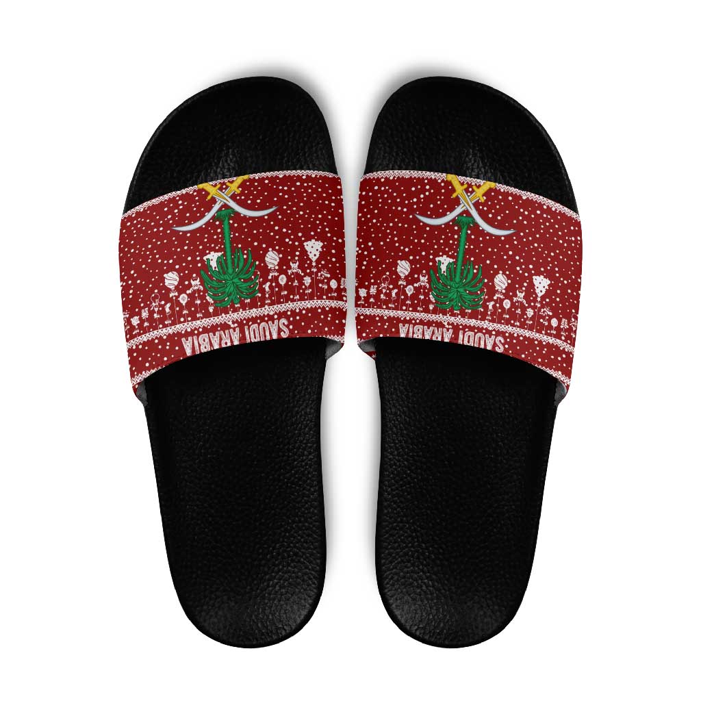Saudi Arabia Christmas Slide Sandals with Red Festive Pattern, National Emblem with Palm and Swords, and Map Motif - Wonder Print Shop