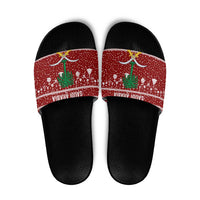 Saudi Arabia Christmas Slide Sandals with Red Festive Pattern, National Emblem with Palm and Swords, and Map Motif - Wonder Print Shop