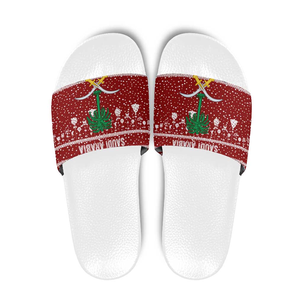 Saudi Arabia Christmas Slide Sandals with Red Festive Pattern, National Emblem with Palm and Swords, and Map Motif - Wonder Print Shop