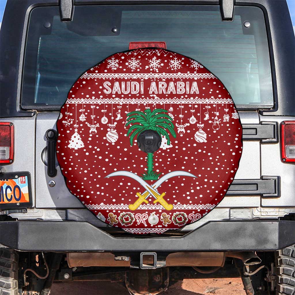 Saudi Arabia Christmas Spare Tire Cover with Red Festive Pattern, National Emblem with Palm and Swords, and Map Motif - Wonder Print Shop