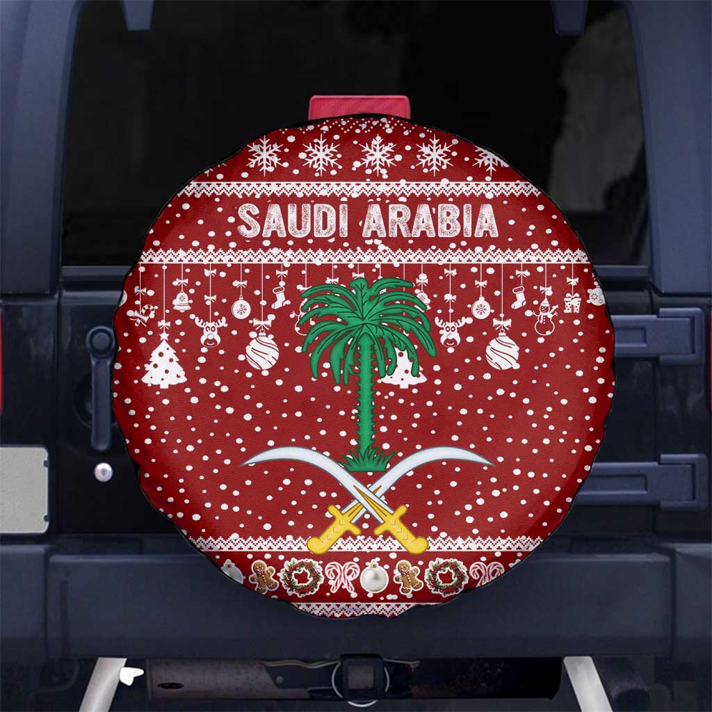 Saudi Arabia Christmas Spare Tire Cover with Red Festive Pattern, National Emblem with Palm and Swords, and Map Motif - Wonder Print Shop