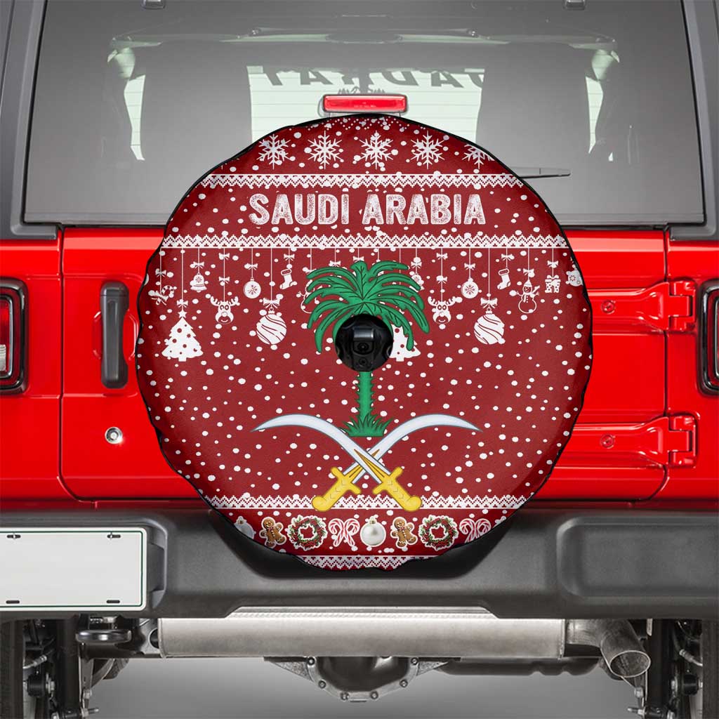 Saudi Arabia Christmas Spare Tire Cover with Red Festive Pattern, National Emblem with Palm and Swords, and Map Motif - Wonder Print Shop