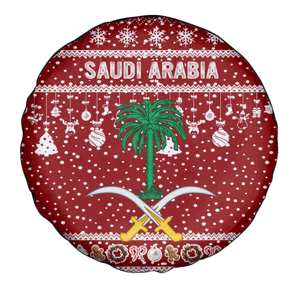 Saudi Arabia Christmas Spare Tire Cover with Red Festive Pattern, National Emblem with Palm and Swords, and Map Motif - Wonder Print Shop