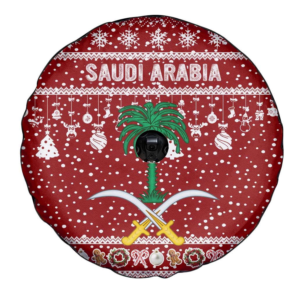 Saudi Arabia Christmas Spare Tire Cover with Red Festive Pattern, National Emblem with Palm and Swords, and Map Motif - Wonder Print Shop