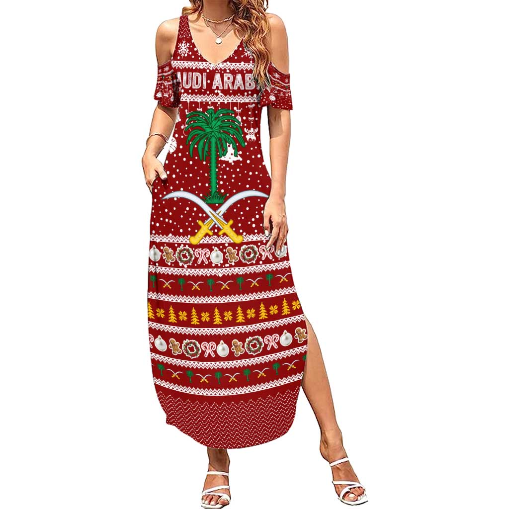 Saudi Arabia Christmas Summer Maxi Dress with Red Festive Pattern, National Emblem with Palm and Swords, and Map Motif - Wonder Print Shop