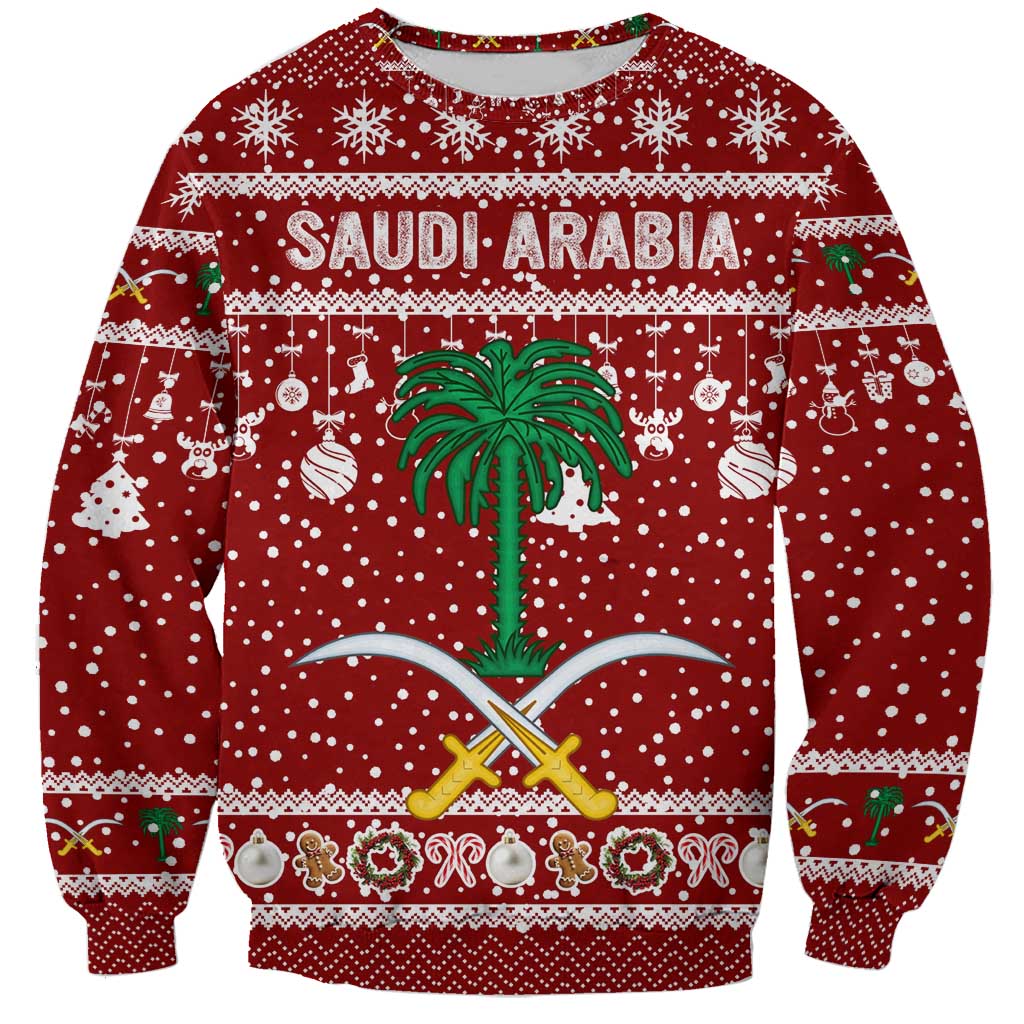 Saudi Arabia Christmas Sweatshirt with Red Festive Pattern, National Emblem with Palm and Swords, and Map Motif - Wonder Print Shop