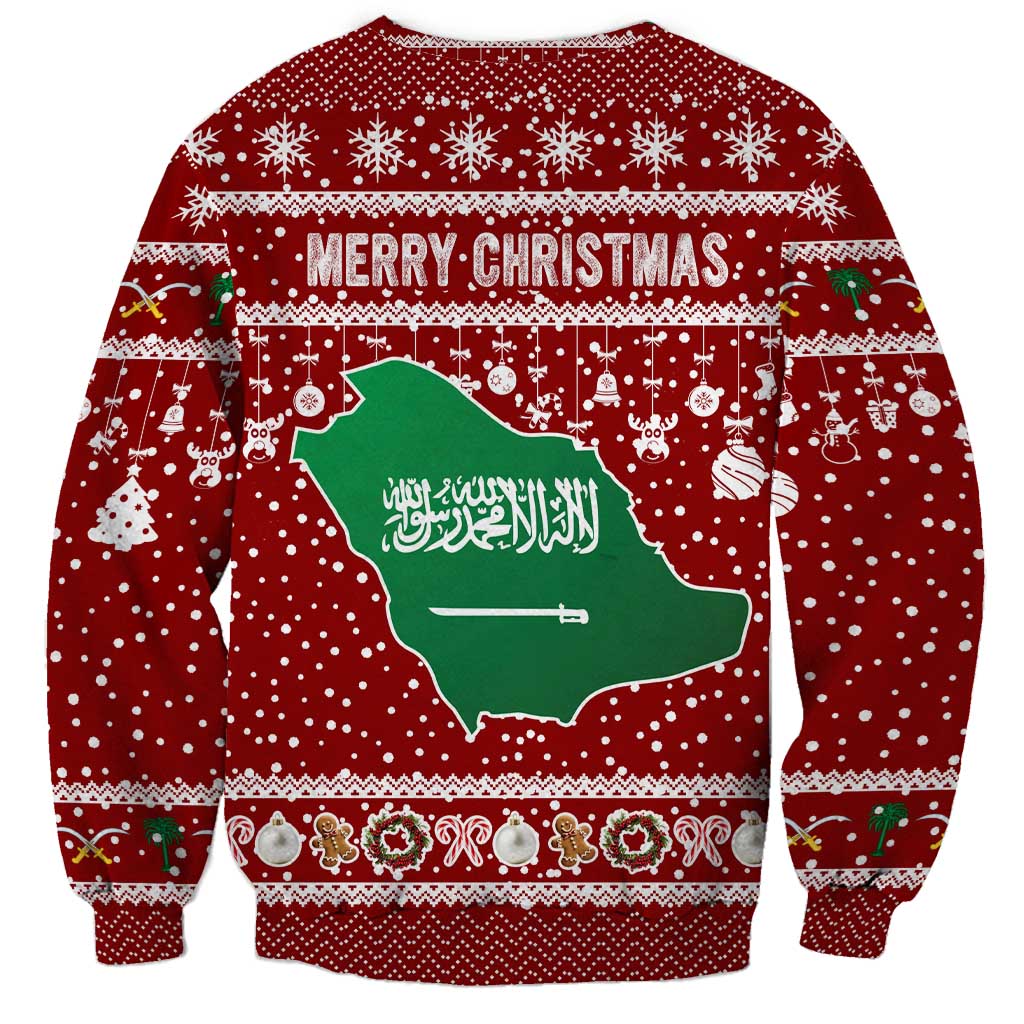 Saudi Arabia Christmas Sweatshirt with Red Festive Pattern, National Emblem with Palm and Swords, and Map Motif - Wonder Print Shop