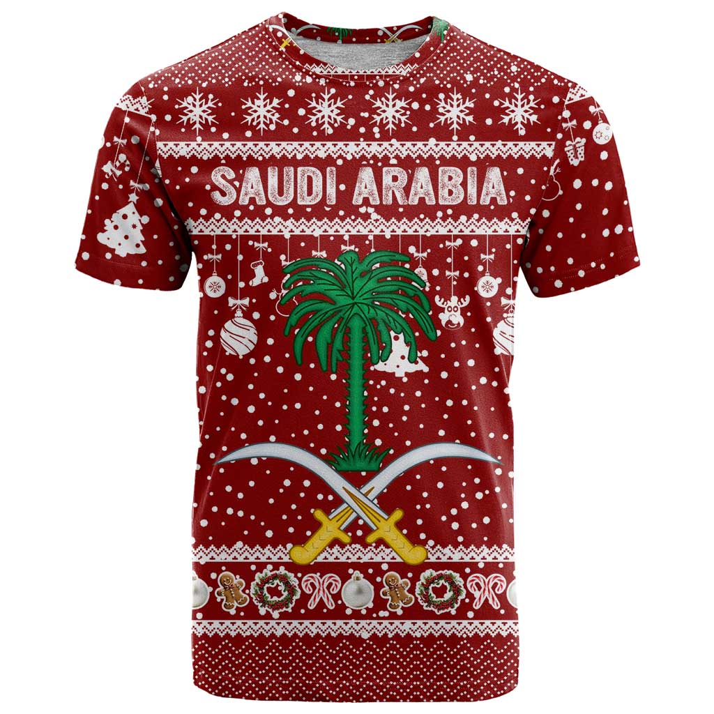Saudi Arabia Christmas T Shirt with Red Festive Pattern, National Emblem with Palm and Swords, and Map Motif - Wonder Print Shop